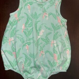 The Beaufort Bonnet Company Mint Green and Pink Parrot Bodysuit